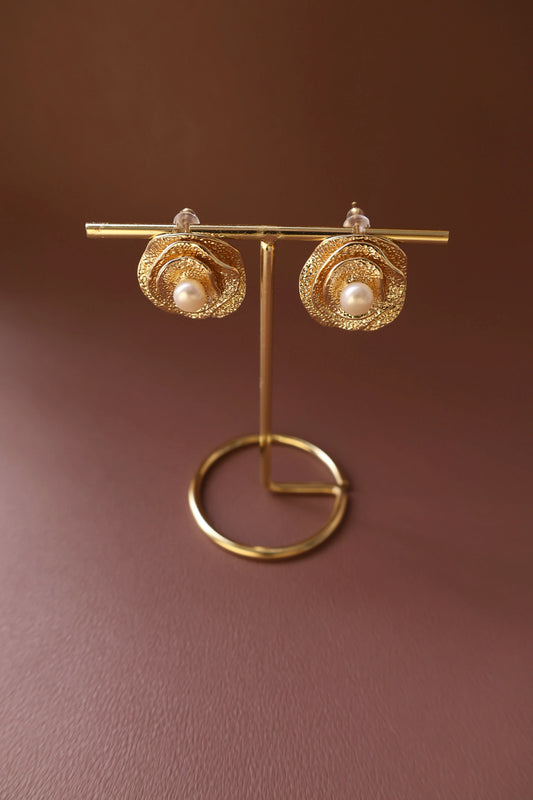 Handmade Golden Rose Pearl Earrings - Vintage Brass Flower Studs