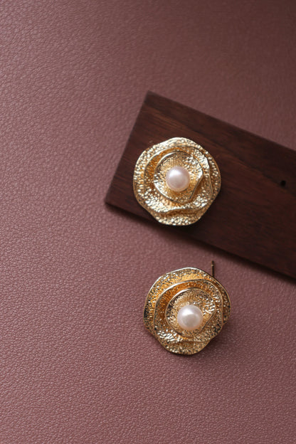 Handmade Golden Rose Pearl Earrings - Vintage Brass Flower Studs