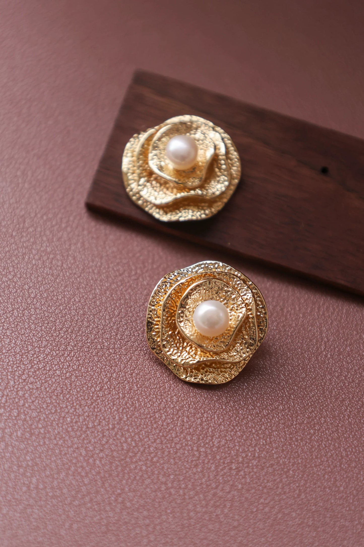 Handmade Golden Rose Pearl Earrings - Vintage Brass Flower Studs