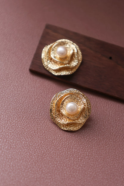 Handmade Golden Rose Pearl Earrings - Vintage Brass Flower Studs