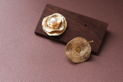 Handmade Golden Rose Pearl Earrings - Vintage Brass Flower Studs