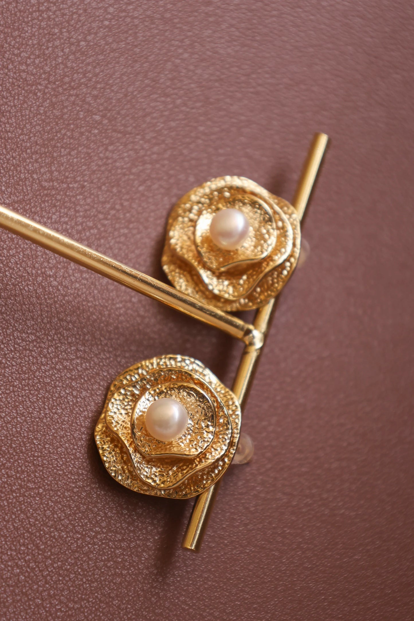 Handmade Golden Rose Pearl Earrings - Vintage Brass Flower Studs