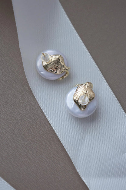 Coin Pearl Stud Earrings - Crafted with genuine pearl, baroque pearl