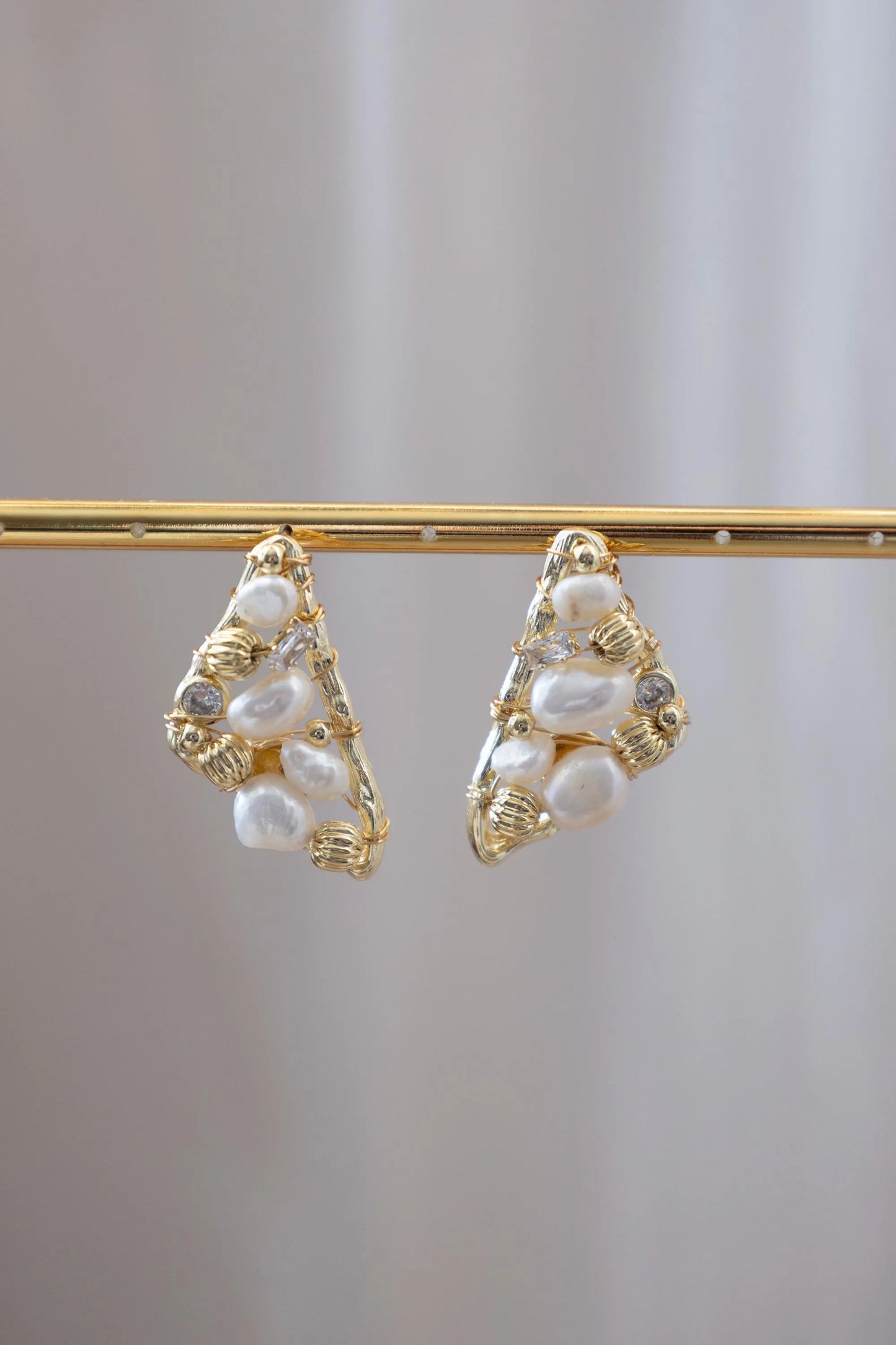 Triangle Pearl Stud Earrings - Crafted with freshwater pearl, natural