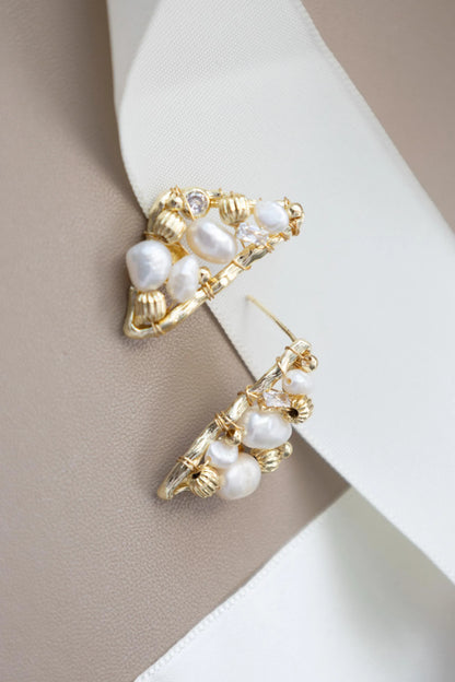 Triangle Pearl Stud Earrings - Crafted with freshwater pearl, natural