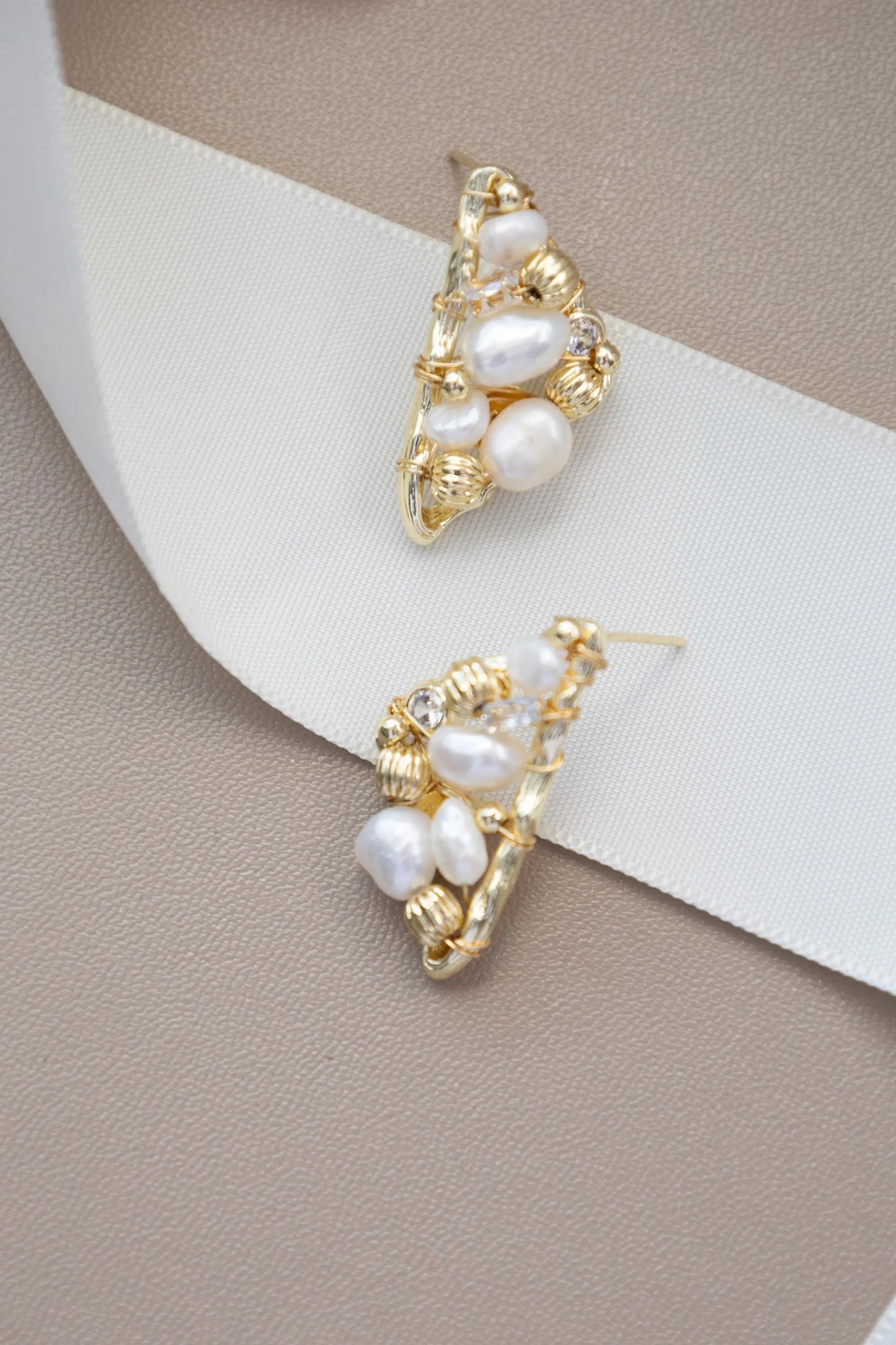 Triangle Pearl Stud Earrings - Crafted with freshwater pearl, natural