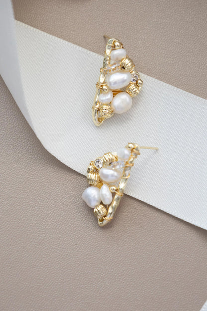 Triangle Pearl Stud Earrings - Crafted with freshwater pearl, natural