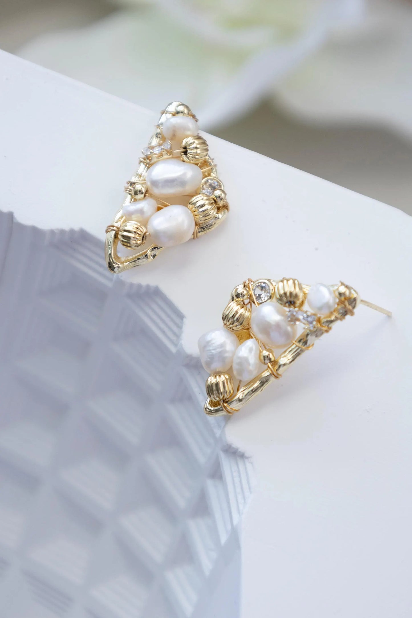 Triangle Pearl Stud Earrings - Crafted with freshwater pearl, natural
