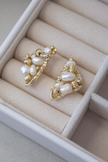 Triangle Pearl Stud Earrings - Crafted with freshwater pearl, natural