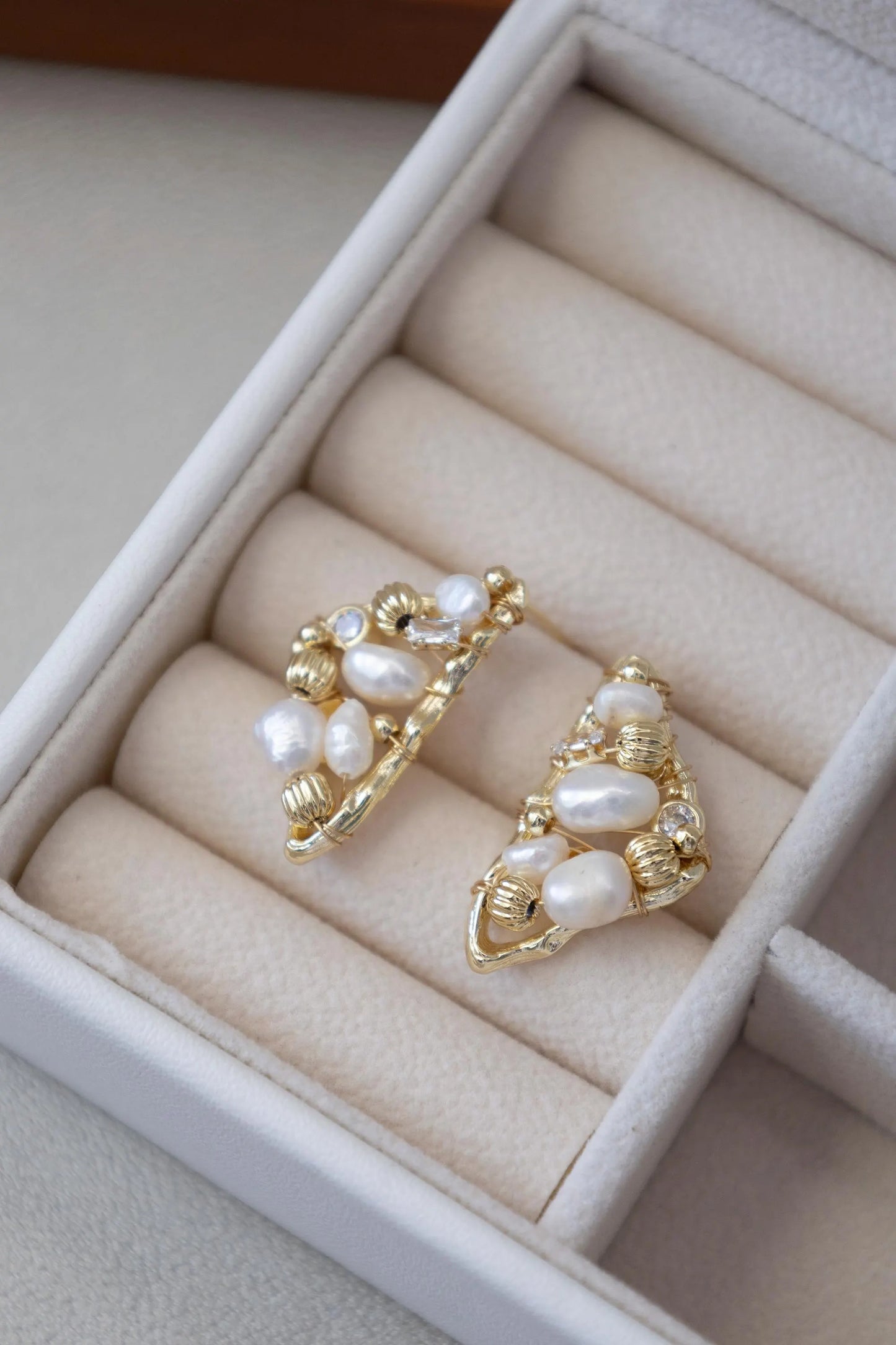 Triangle Pearl Stud Earrings - Crafted with freshwater pearl, natural