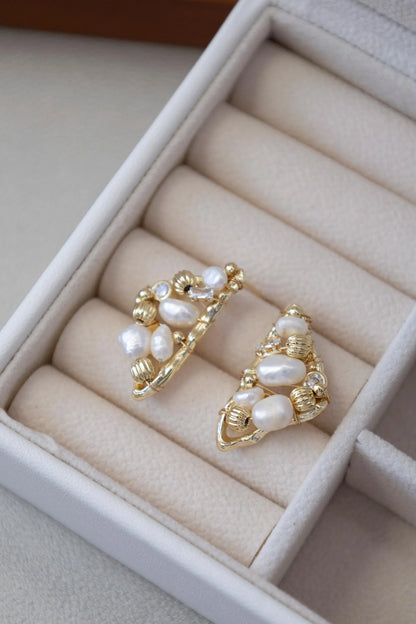 Triangle Pearl Stud Earrings - Crafted with freshwater pearl, natural