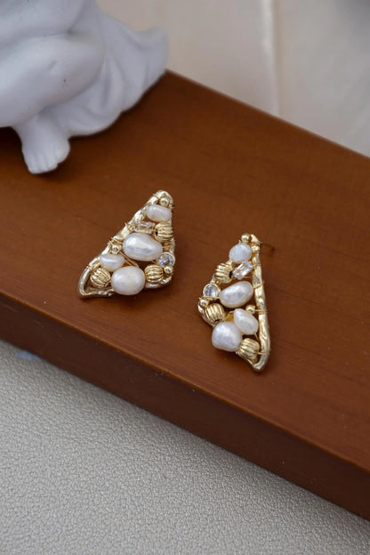 Triangle Pearl Stud Earrings - Crafted with freshwater pearl, natural