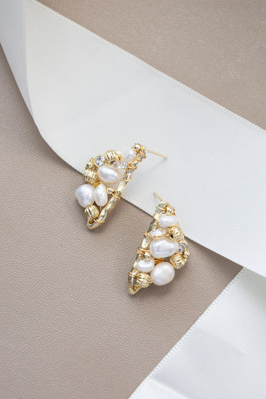 Triangle Pearl Stud Earrings - Crafted with freshwater pearl, natural