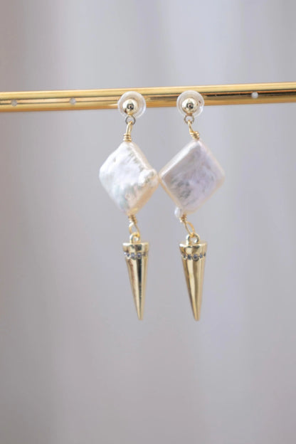 Square Pearl Drop Earrings - Crafted with baroque pearl, genuine