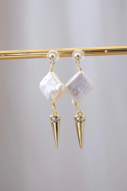 Square Pearl Drop Earrings - Crafted with baroque pearl, genuine