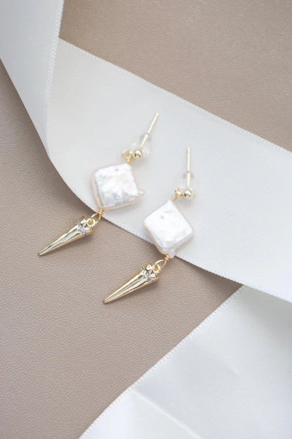 Square Pearl Drop Earrings - Crafted with baroque pearl, genuine