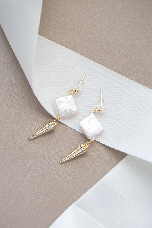 Square Pearl Drop Earrings - Crafted with baroque pearl, genuine