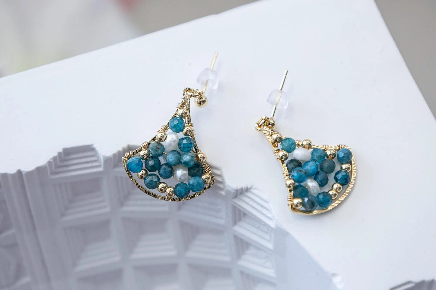 Blue Apatite Drop Earrings with Freshwater Pearl - Brass Dangle