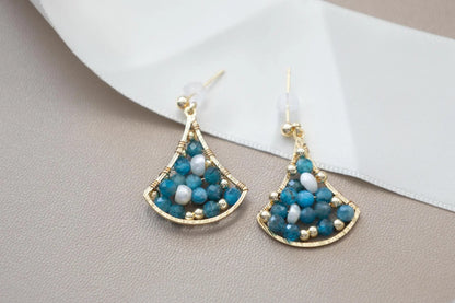 Blue Apatite Drop Earrings with Freshwater Pearl - Brass Dangle