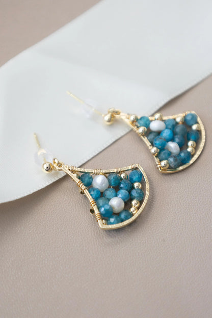 Blue Apatite Drop Earrings with Freshwater Pearl - Brass Dangle
