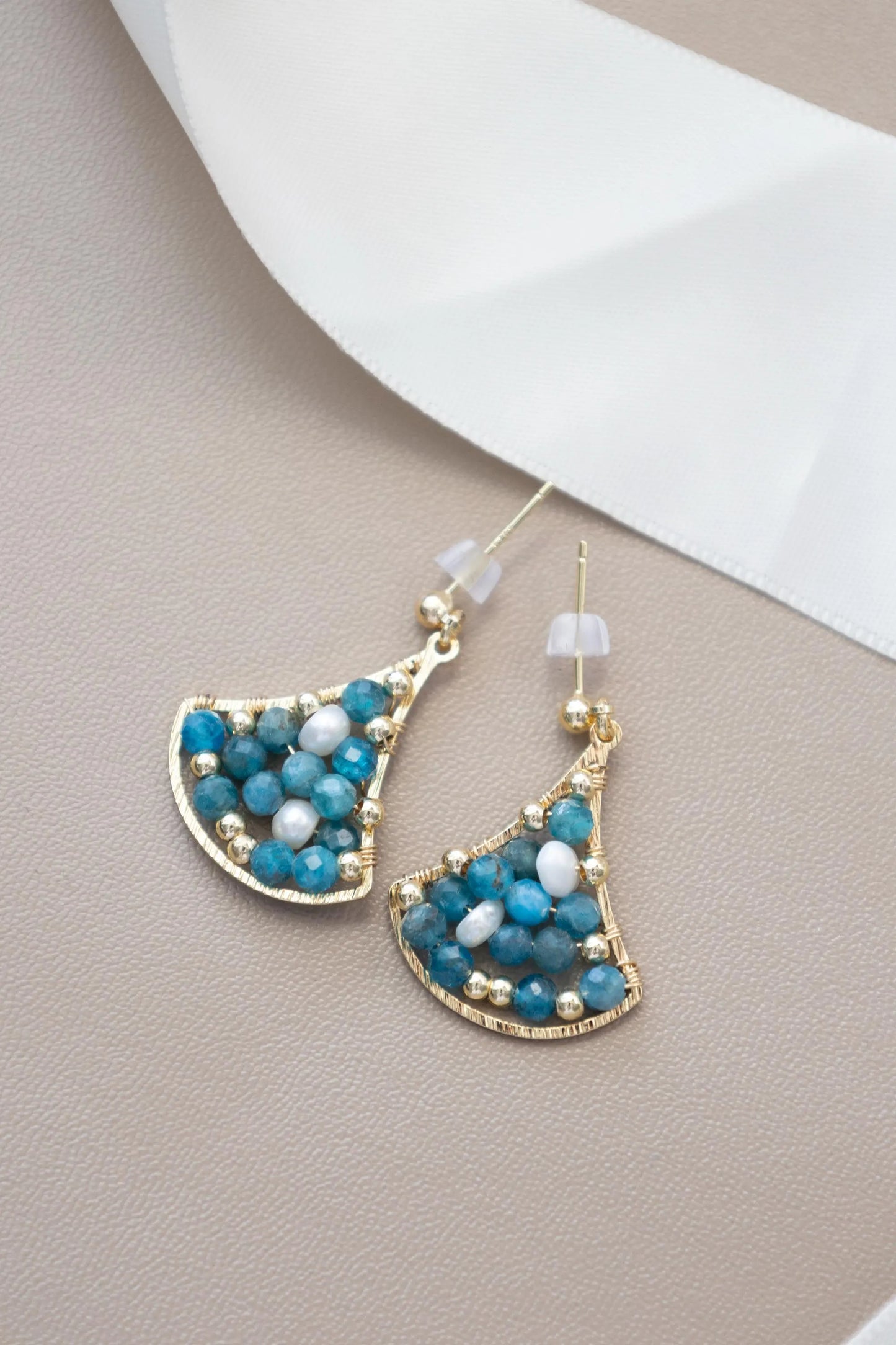 Blue Apatite Drop Earrings with Freshwater Pearl - Brass Dangle