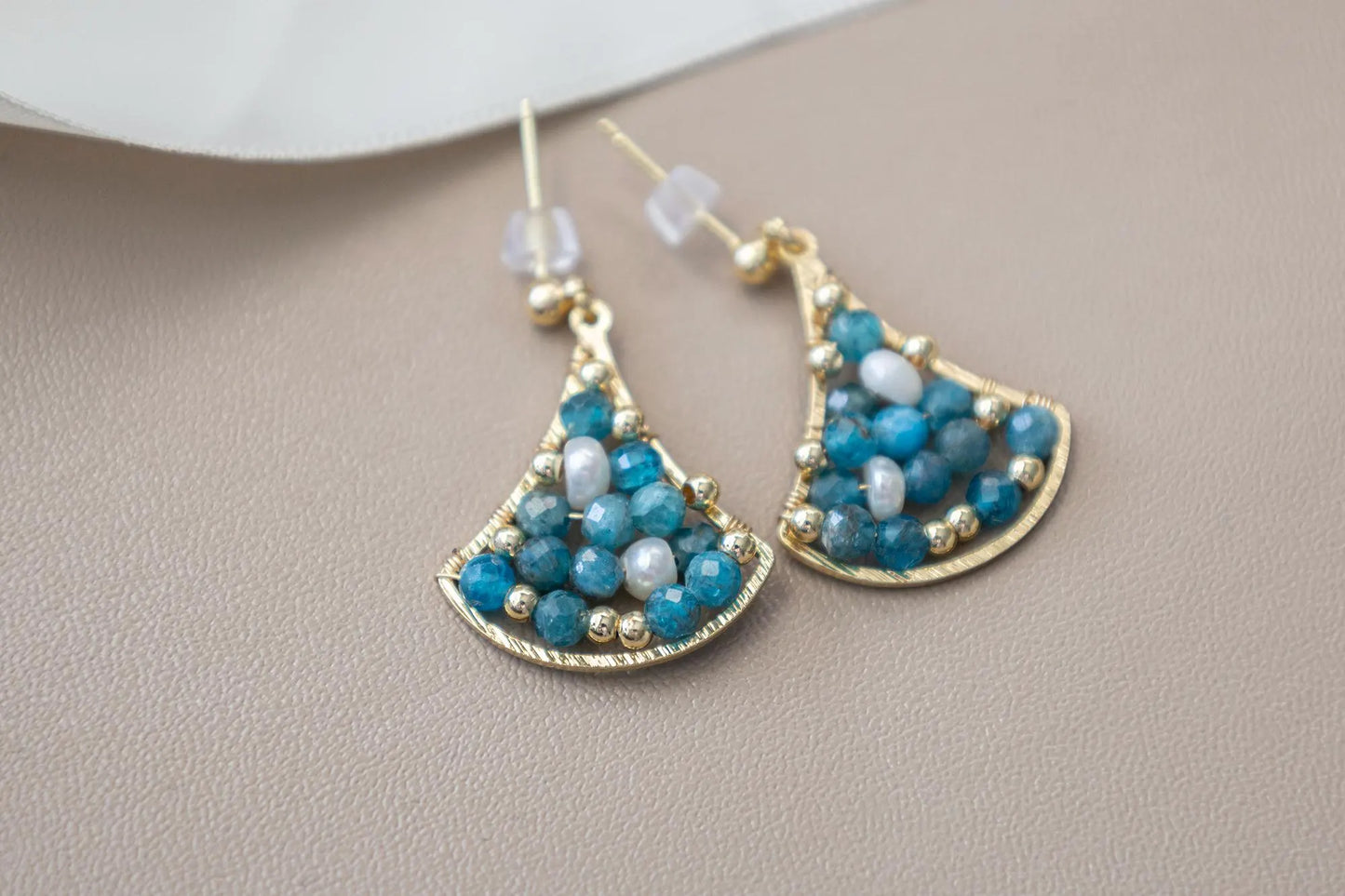 Blue Apatite Drop Earrings with Freshwater Pearl - Brass Dangle