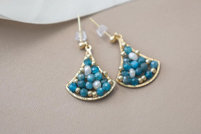 Blue Apatite Drop Earrings with Freshwater Pearl - Brass Dangle