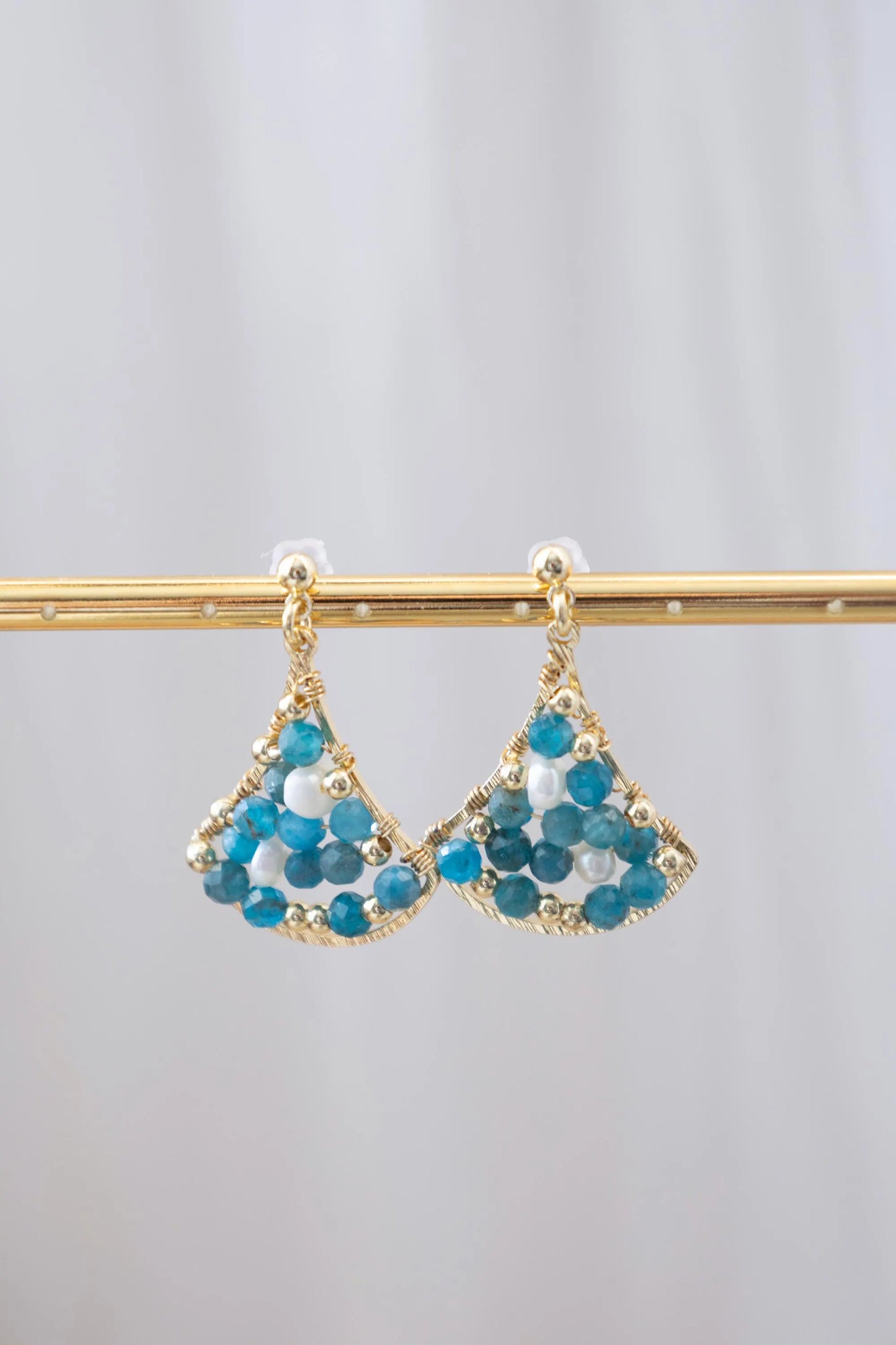 Blue Apatite Drop Earrings with Freshwater Pearl - Brass Dangle