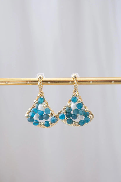 Blue Apatite Drop Earrings with Freshwater Pearl - Brass Dangle