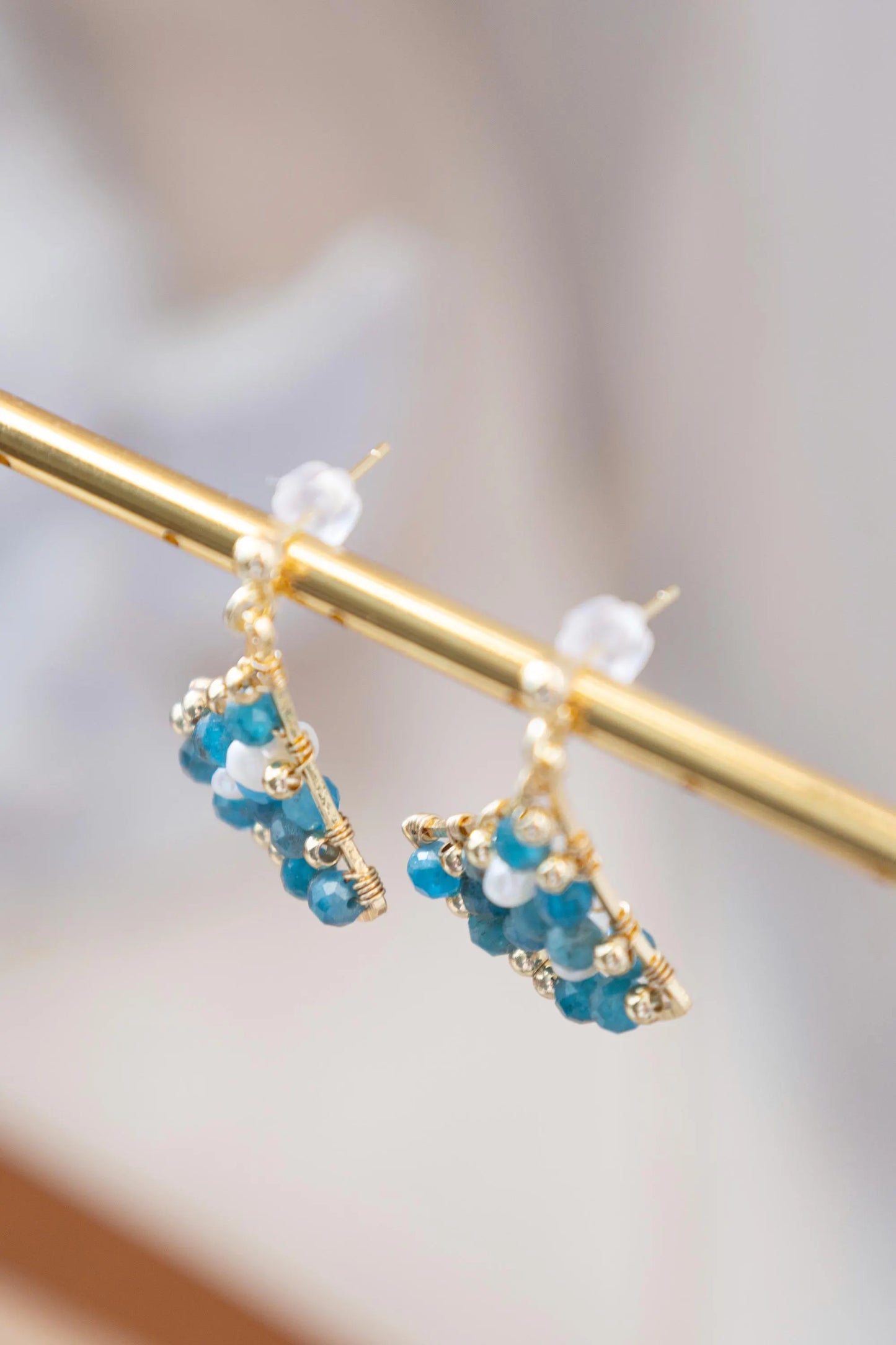 Blue Apatite Drop Earrings with Freshwater Pearl - Brass Dangle