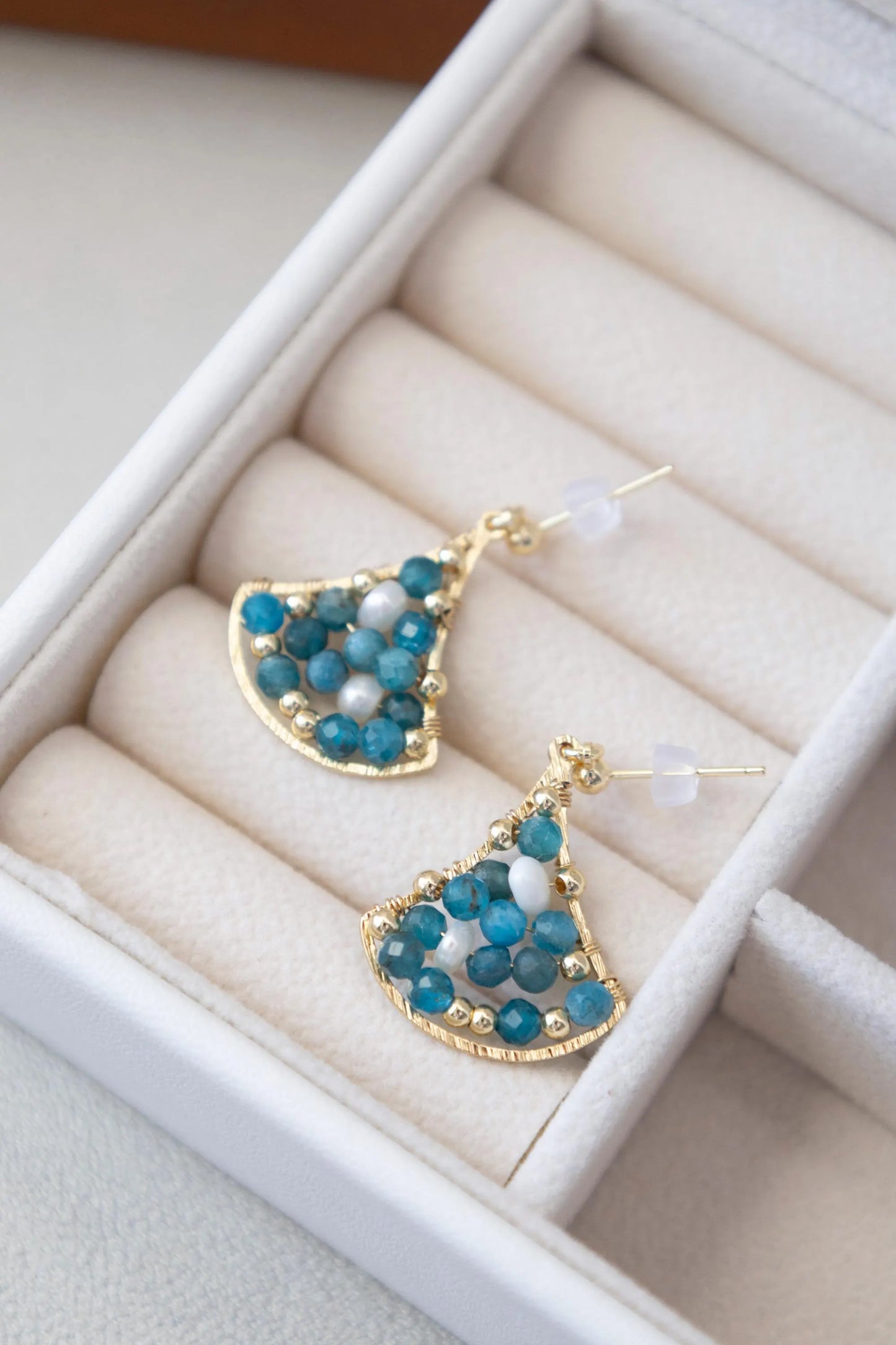Blue Apatite Drop Earrings with Freshwater Pearl - Brass Dangle