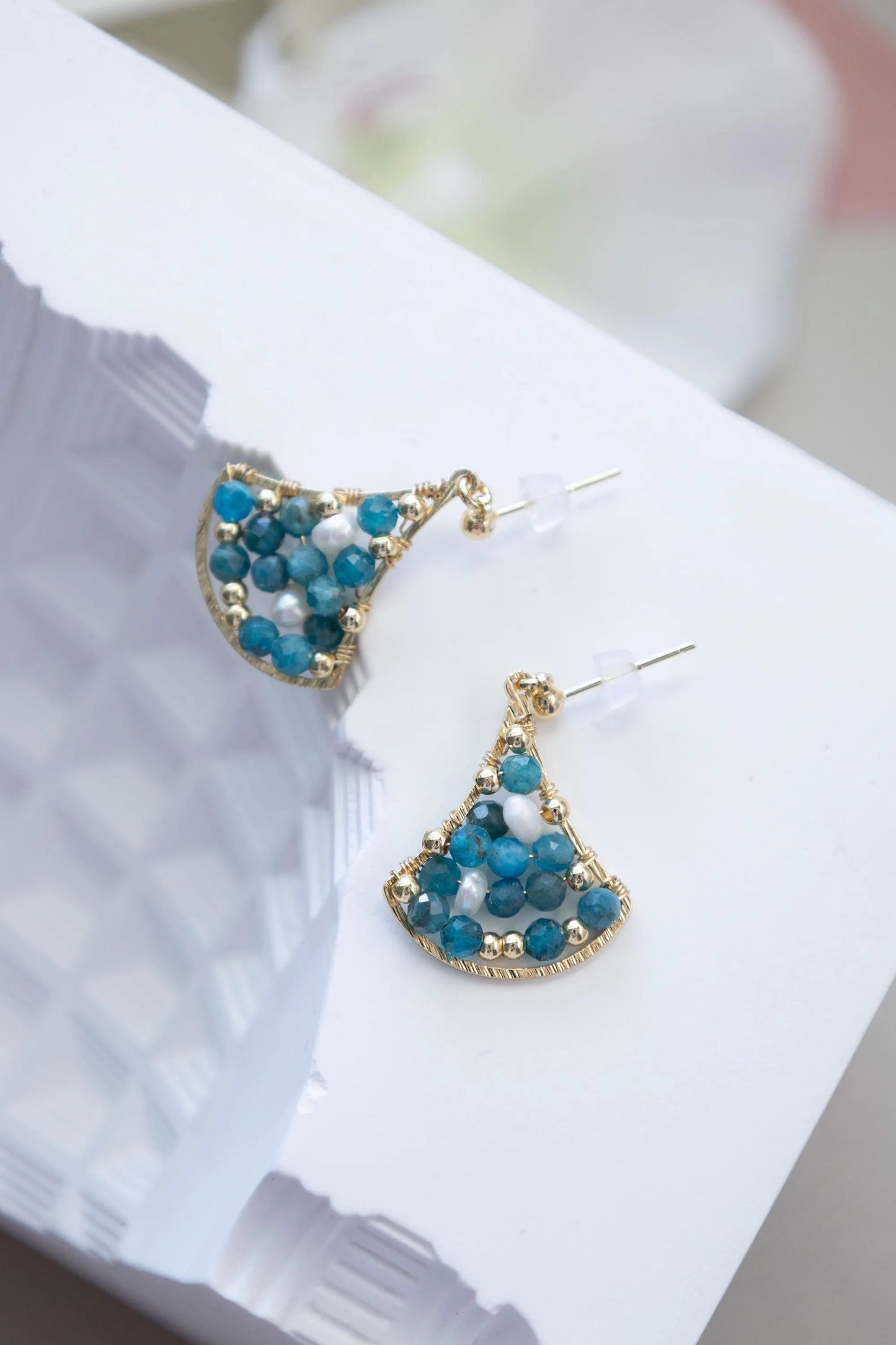 Blue Apatite Drop Earrings with Freshwater Pearl - Brass Dangle