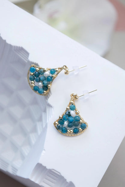 Blue Apatite Drop Earrings with Freshwater Pearl - Brass Dangle