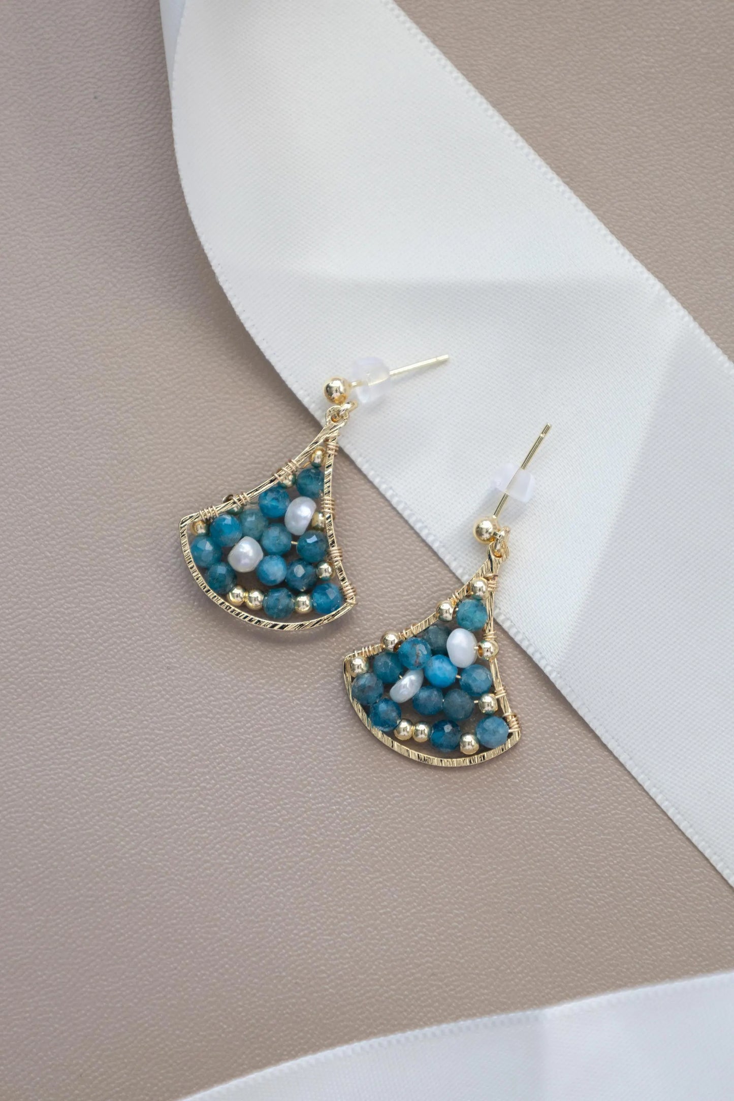 Blue Apatite Drop Earrings with Freshwater Pearl - Brass Dangle