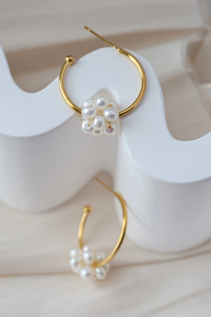 Handmade C Shape Earrings with twisted pearl ball, Natural Freshwater
