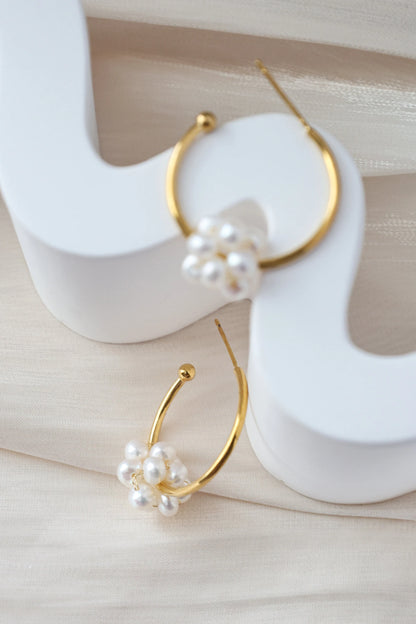 Handmade C Shape Earrings with twisted pearl ball, Natural Freshwater