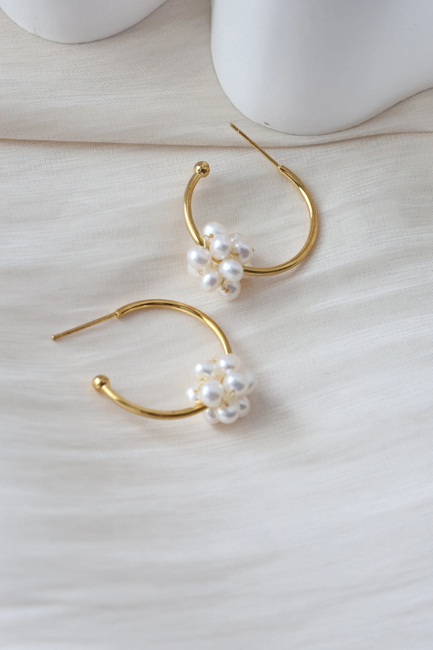 Handmade C Shape Earrings with twisted pearl ball, Natural Freshwater