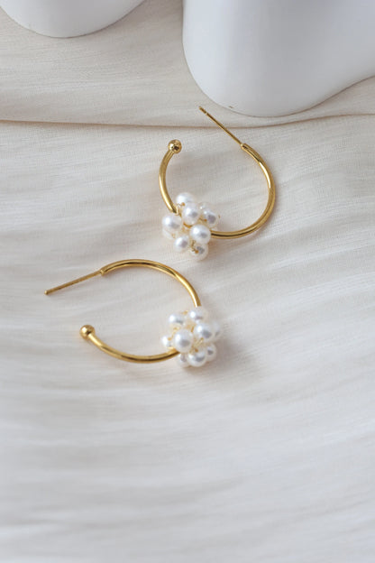 Handmade C Shape Earrings with twisted pearl ball, Natural Freshwater