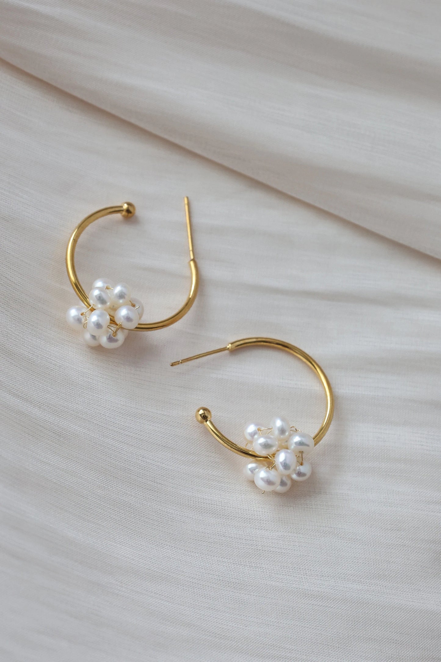 Handmade C Shape Earrings with twisted pearl ball, Natural Freshwater