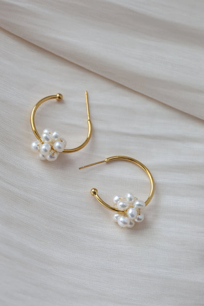 Handmade C Shape Earrings with twisted pearl ball, Natural Freshwater