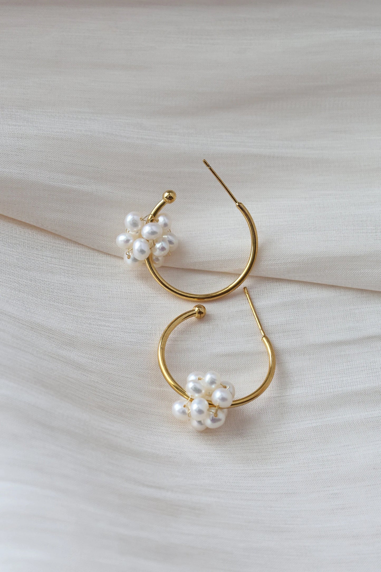 Handmade C Shape Earrings with twisted pearl ball, Natural Freshwater