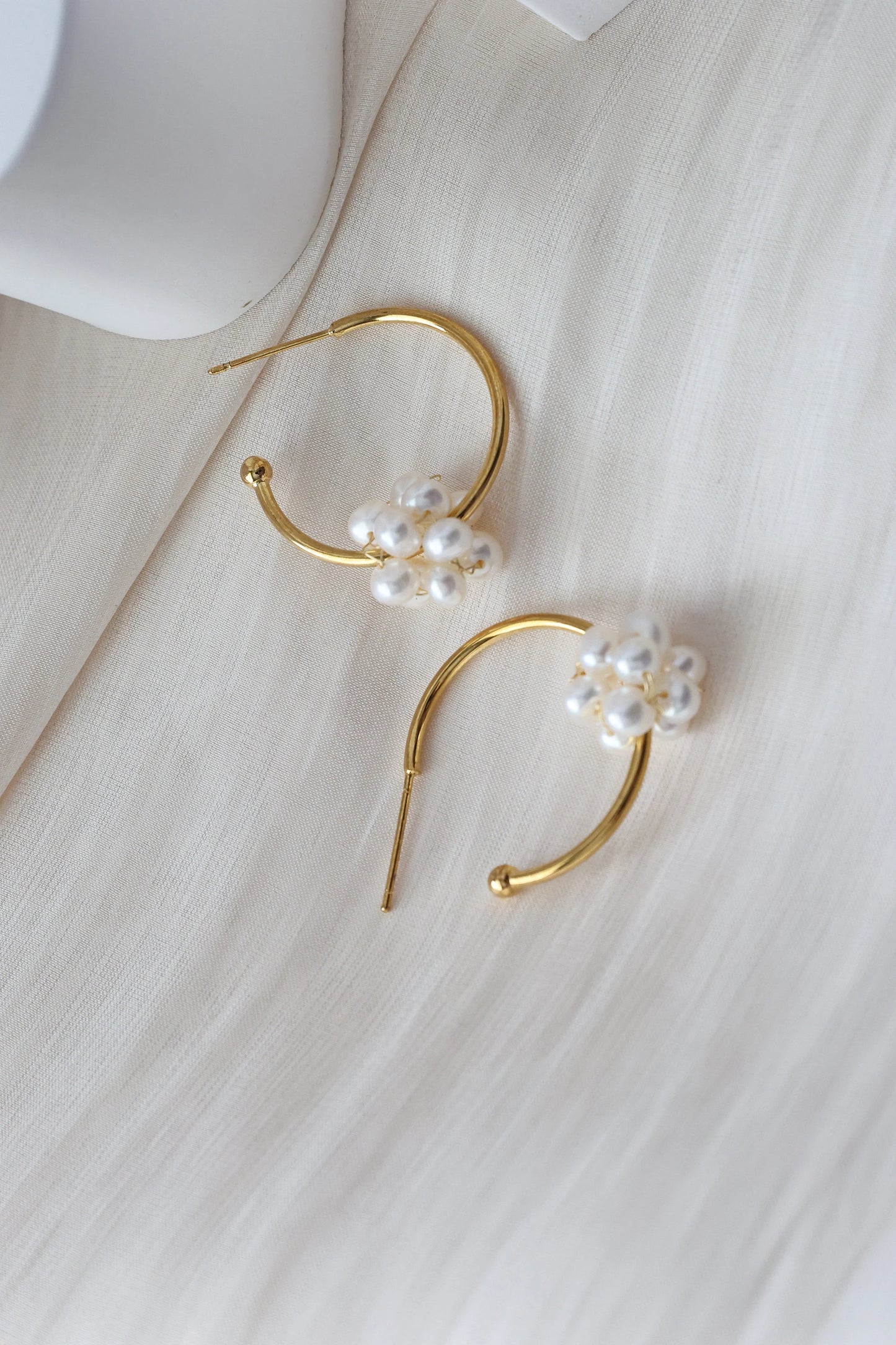 Handmade C Shape Earrings with twisted pearl ball, Natural Freshwater