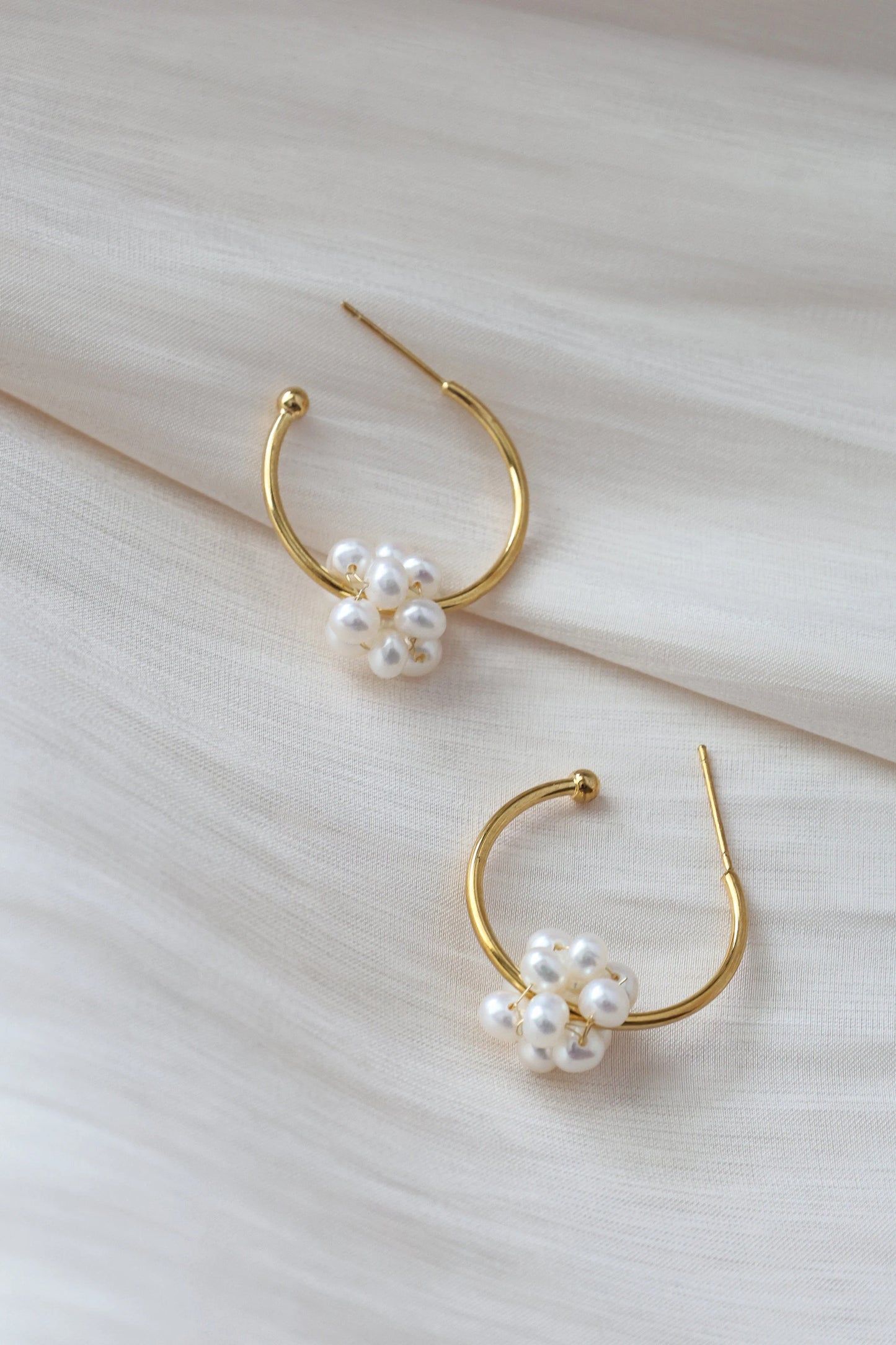 Handmade C Shape Earrings with twisted pearl ball, Natural Freshwater