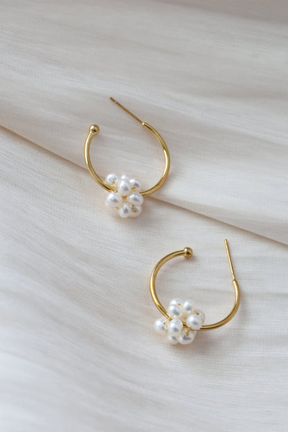 Handmade C Shape Earrings with twisted pearl ball, Natural Freshwater
