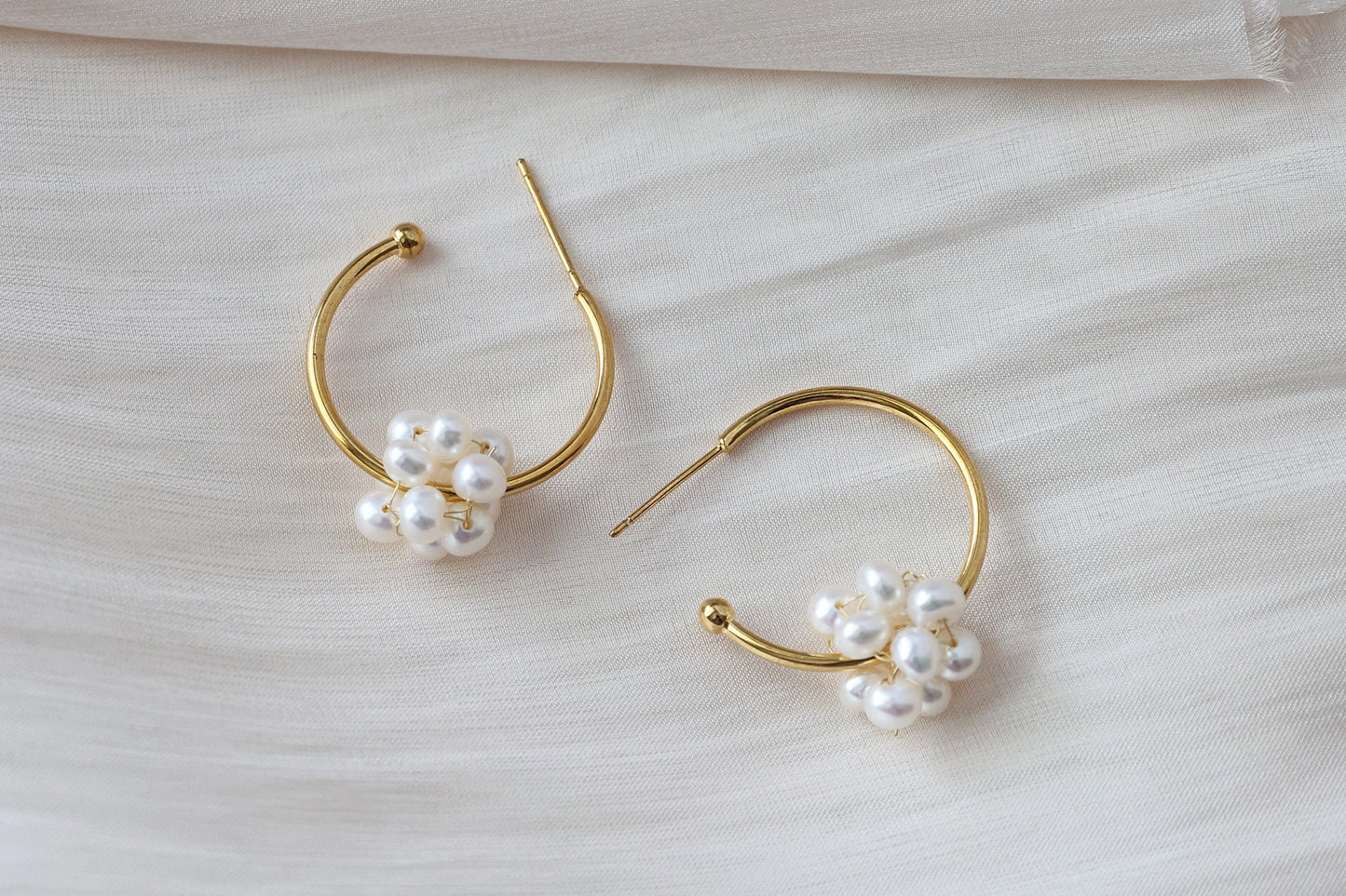 Handmade C Shape Earrings with twisted pearl ball, Natural Freshwater