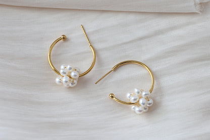 Handmade C Shape Earrings with twisted pearl ball, Natural Freshwater
