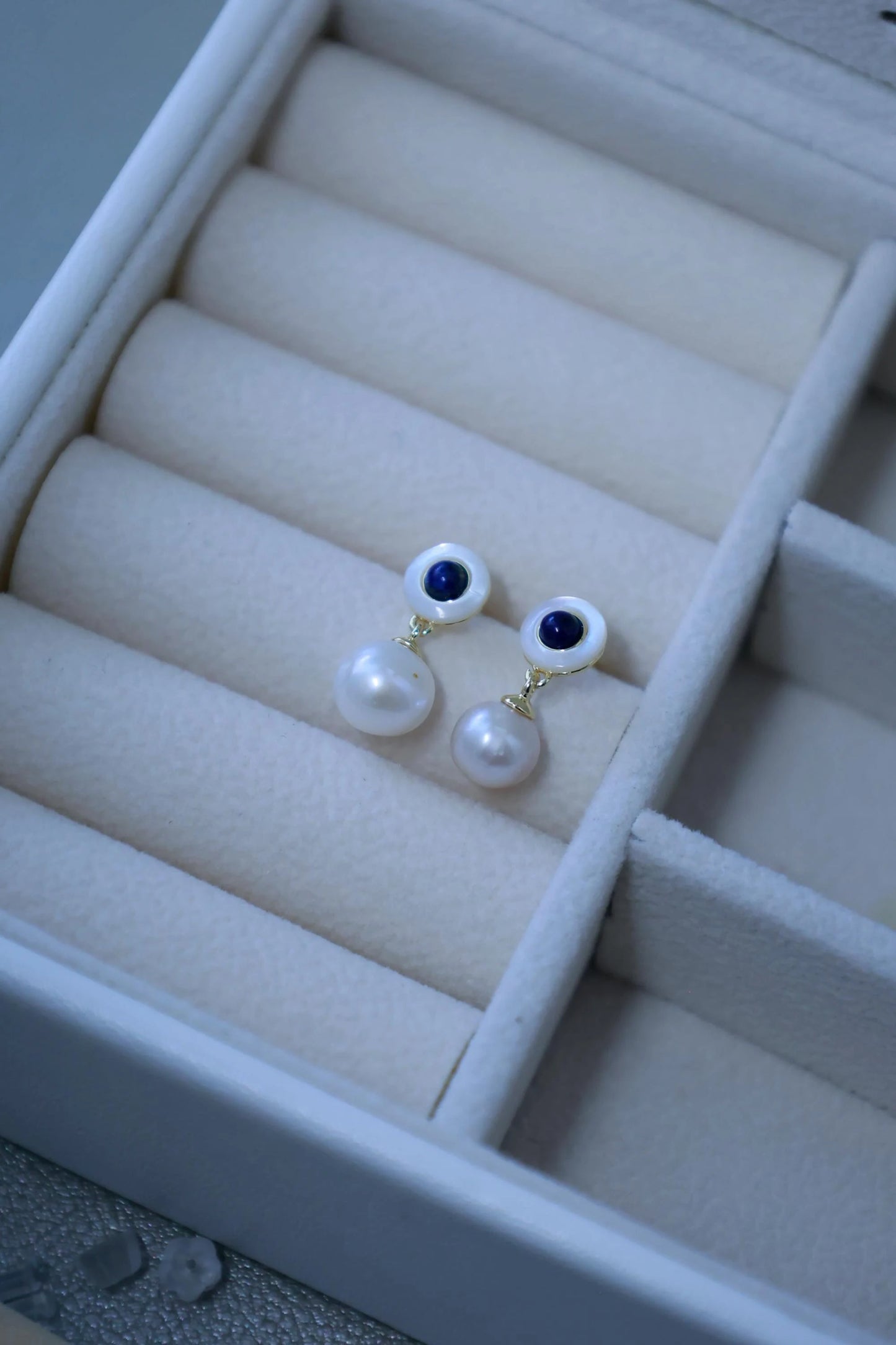 Vintage Style Pearl Drop Earrings with Lapis Lazuli