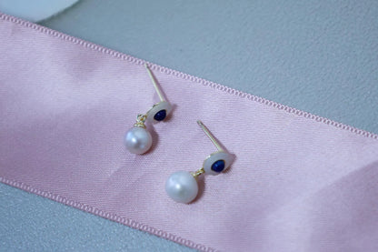 Vintage Style Pearl Drop Earrings with Lapis Lazuli
