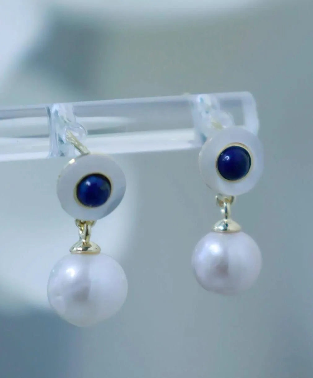Vintage Style Pearl Drop Earrings with Lapis Lazuli
