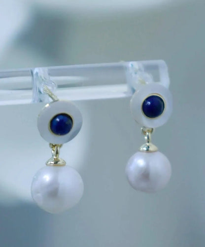Vintage Style Pearl Drop Earrings with Lapis Lazuli